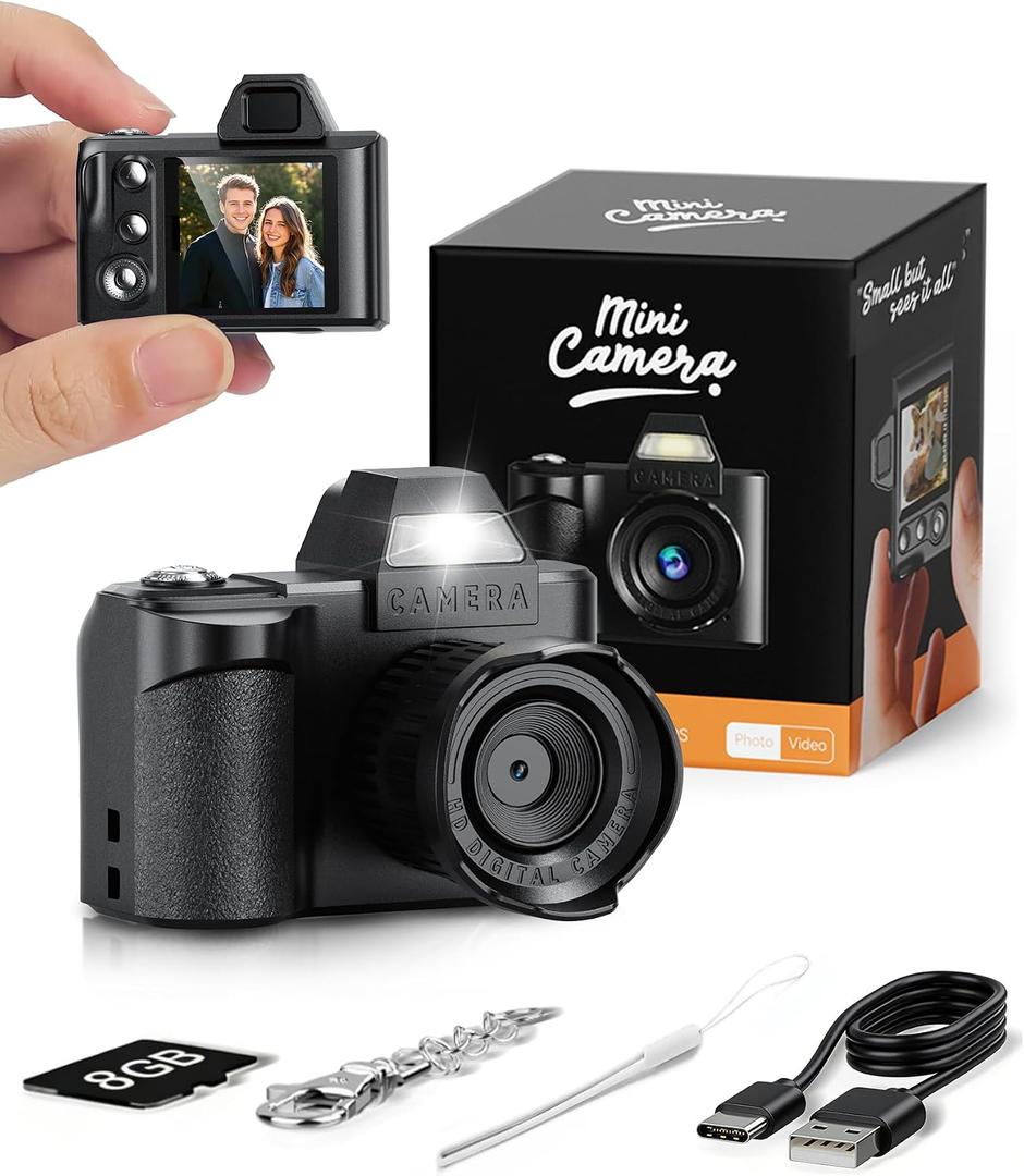Mini Digital Camera, 1080P Portable Camera for Photography with 8GB SD Card, Key Card Clip Chain for Teenagers, Adult Beginners