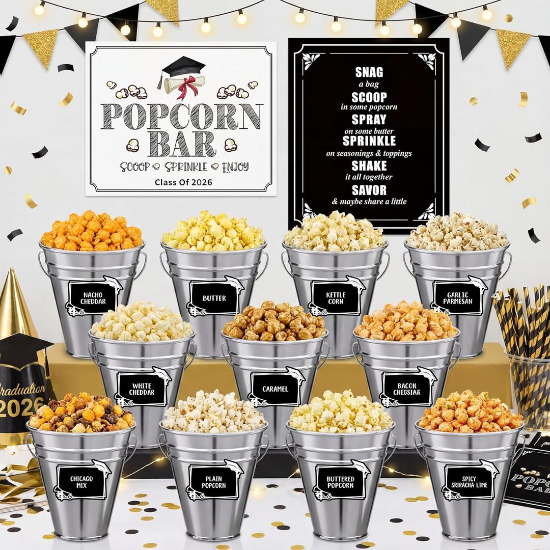 32 Pcs Graduation Party Popcorn Bar Supplies Class of 2026 Candy Buffet Decoration 12 Metal Snack Buckets with 2 Paper Popcorn Bar Signs 18 Food Label for 2026 Grad Party(Graduation)