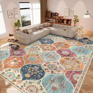 Vintage Washable Rug 9x12 - Machine Washable Floral Area Rugs with Non Slip Backing for Living Room Bedroom Dining Room Stain Resistant, Home Office Decor, Soft Low-Pile Carpet, Orange