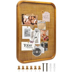 20" x 30" Bulletin Board, Round-Edged Rectangle Cork BoardWooden Frame with Boho Style Rattan Wall Organizer,5075Teng