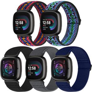 Bcuckood Compatible with Fitbit Versa 4/Versa 3/Sense 2/Sense Band Women Men, 5 Pack Elastic Nylon Soft Adjustable Stretchy Solo Loop Replacement Strap for Women Men (Black+Grey+Indigo+Boho Red+Boho Blue)