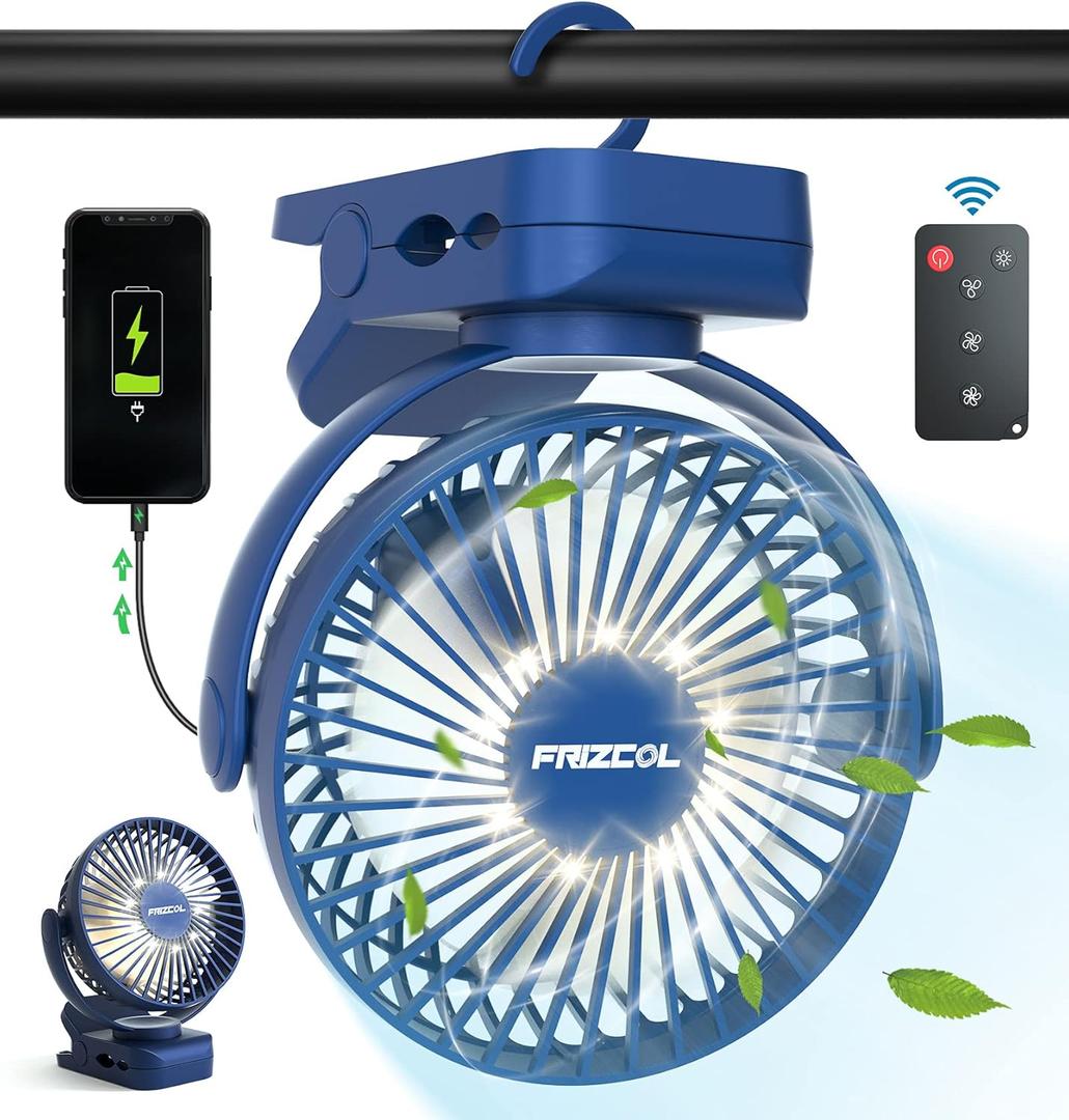 Clip on Fan 65 Hours Portable Desk Fan Rechargeable with LED Lights & Hooks 12000 Capacity Battery Operated Fan with Clips Small Desk Fan Mini Fans for Tents Travel Outdoor Camping Golf Cart Stroller (Dark Blue)
