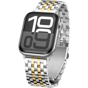 Tasikar Metal Watch Band Compatible with Apple Watch 42mm(Series 10/11) 41mm 40mm 38mm for Men Women, Stainless Steel Replacement Straps for iWatch SE Series 11 10 9 8 7 6 5 4 3 2 1, Silver-Gold