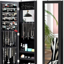 Full Length Mirror Jewelry Cabinet, Wall Door Mounted Jewelry Organizer with Makeup Mirror, Ring Slots & Necklace Hooks, Large Storage Jewelry Armoire for Bedroom, Dressing Room (Black)