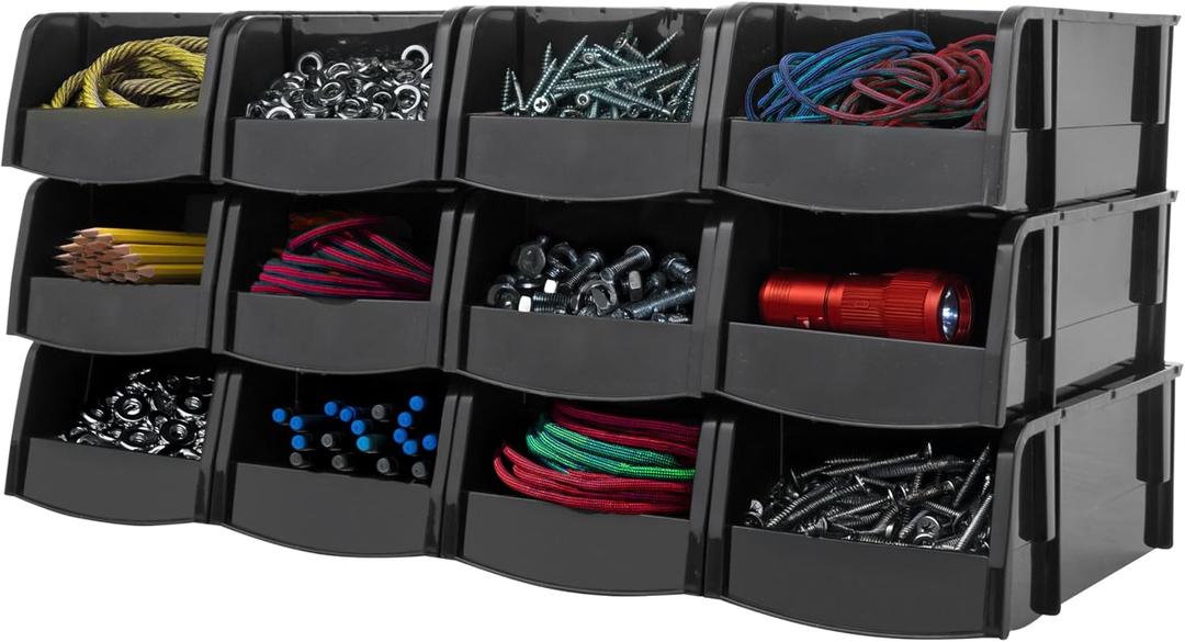 IRIS USA Small Stackable Storage Bins, 12-Pack, 7.5 x 4.5 x 3 inch, |Made in USA|, Plastic Open Front Shelf Bin for Organizing Parts, Hardware, Tools, Supplies, Garage Shelf, Pantry - Black