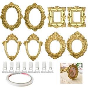 8Set Mini Gold Frames - Vintage Resin Picture DIY Small Display Frames with Double-Sided Tape and 8pcs Holder Photography Resin Photo Frame for Decoration