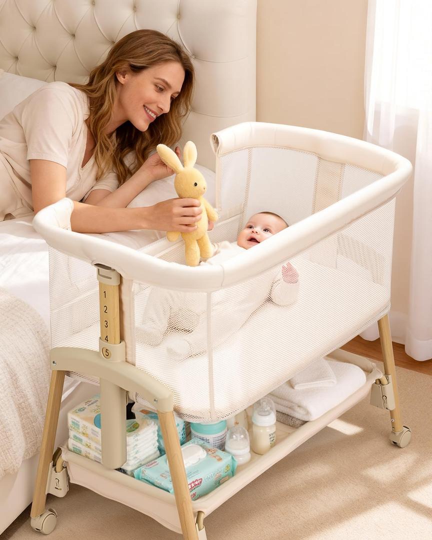 3 in 1 Baby Bassinet with Wheels, Bedside Bassinet Sleeper for Newborn, Portable Baby Crib with 7 Adjustable Height & Large Storage Basket & Full-Mesh, Easy Folding Baby Bed for Infant (Beige), Twin
