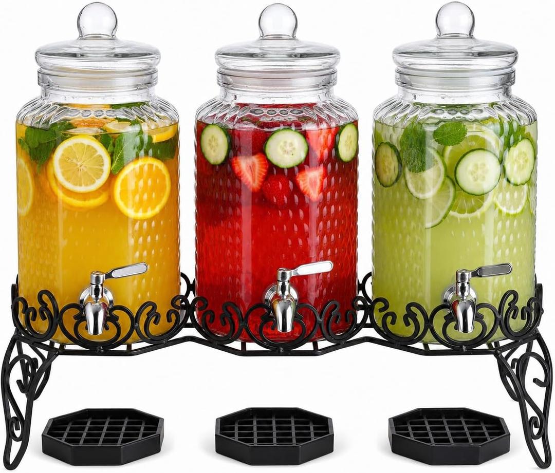 Triple 1 Gallon Glass Beverage Dispenser Drink Station with Stainless Steel Spigots, Handmade Metal Stand & Drip Trays – Hammered Drink Dispensers with Chalkboard Labels for Parties, Juice, Tea