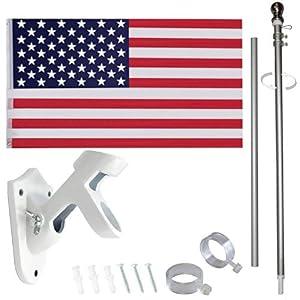 6 Feet Tangle Free Spinning Flag Pole Kit with American Flag (3x5) - Outdoor Flag | Embroidered Stars - Includes Flagpole Bracket - Rust Free (White)
