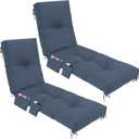 2 Pcs Outdoor Chaise Lounge Cushions with 3 Side Pocket 76x22x6 Inch Waterproof Long Deck Reclining Chair Cushions Fade Resistant Replacement Cushion for Furniture Lawn Pool (Blue Gray,Solid Color)