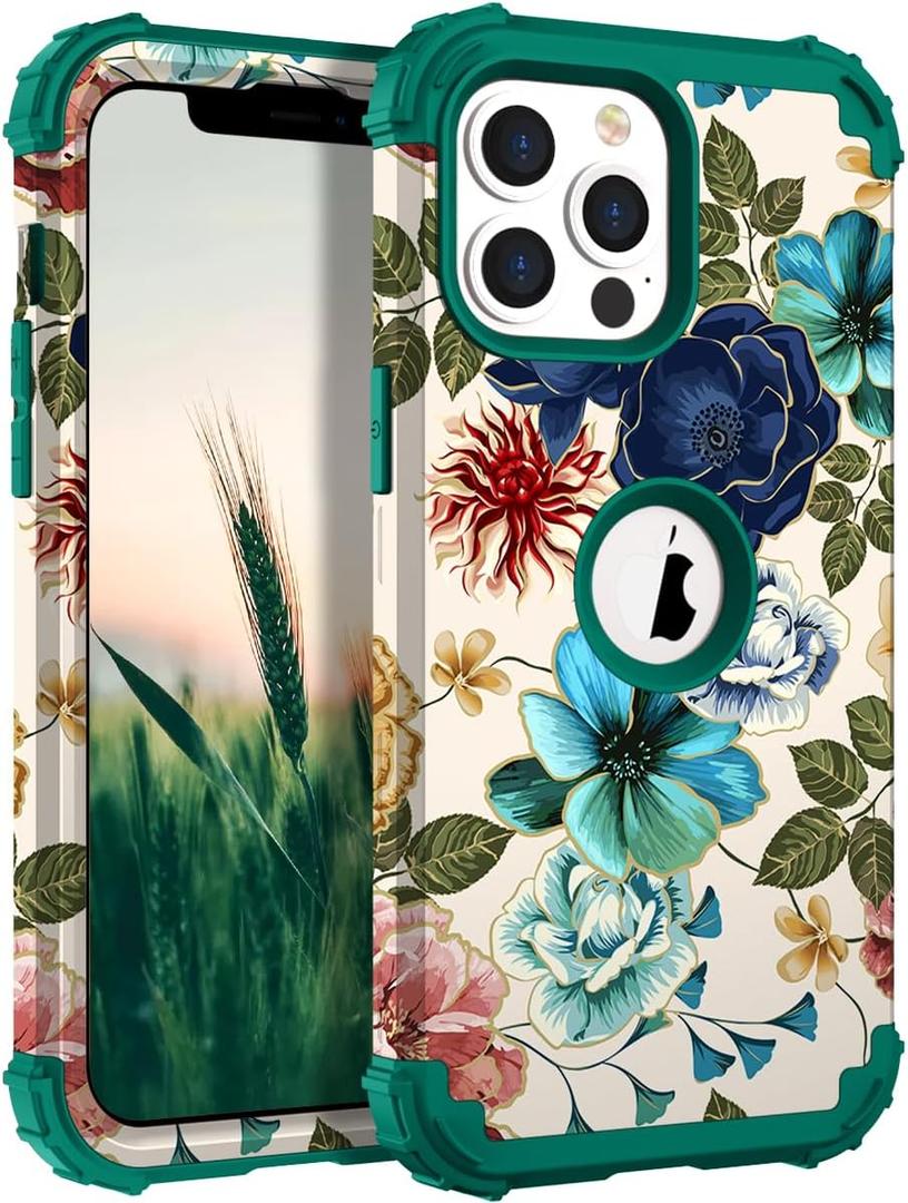 Hocase Heavy Duty Case for iPhone 13 Pro Max, Teal Flowers | Shockproof Protection Soft Silicone Rubber+Hard Plastic Bumpers Hybrid Protective Case for Women & Girls