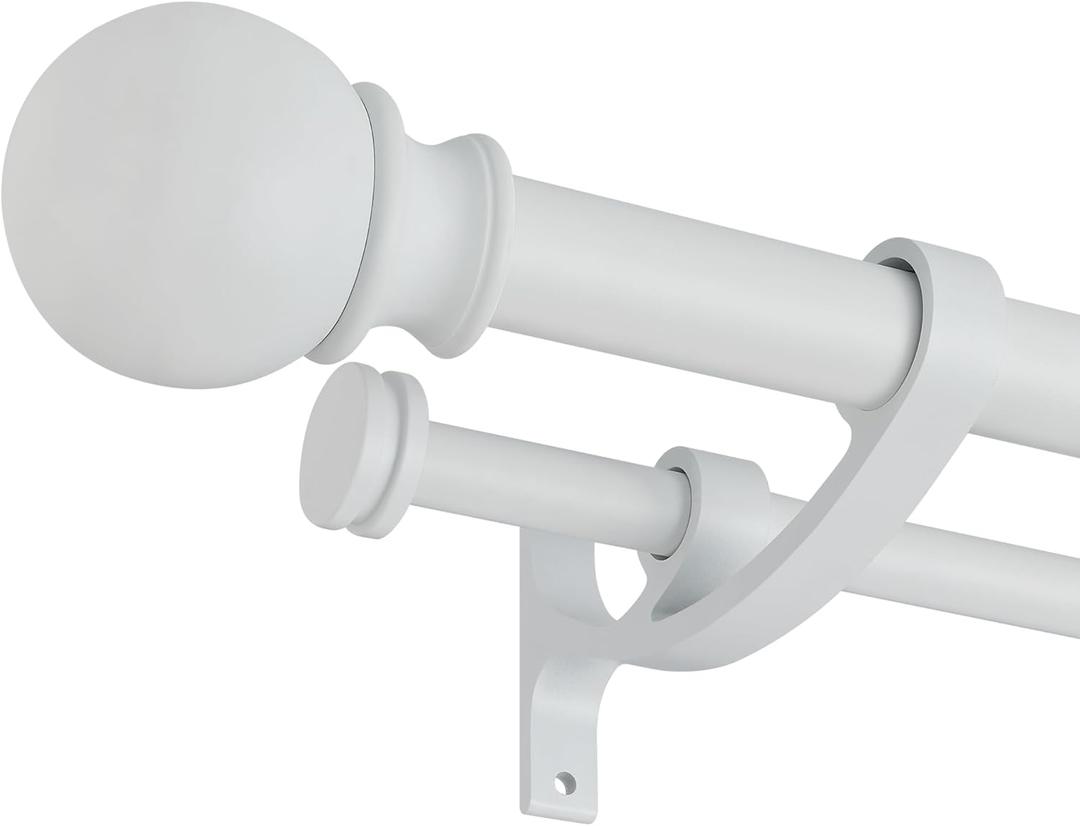 Double Curtain Rods with Aluminum Bouquet Brackets and Round Finials,Matte White Curtain Rods for Windows 72 to 144 inch,1-Inches Front and 5/8 Inches Back Double Window Drapery Rod for
