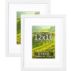KTKDE 12x16 white Picture frame Set of 2, 8.5x11 with mat 12x16 -Tempered Glass, Modern Style Wood Composite Frame, Studio Gallery frame for ideal gift