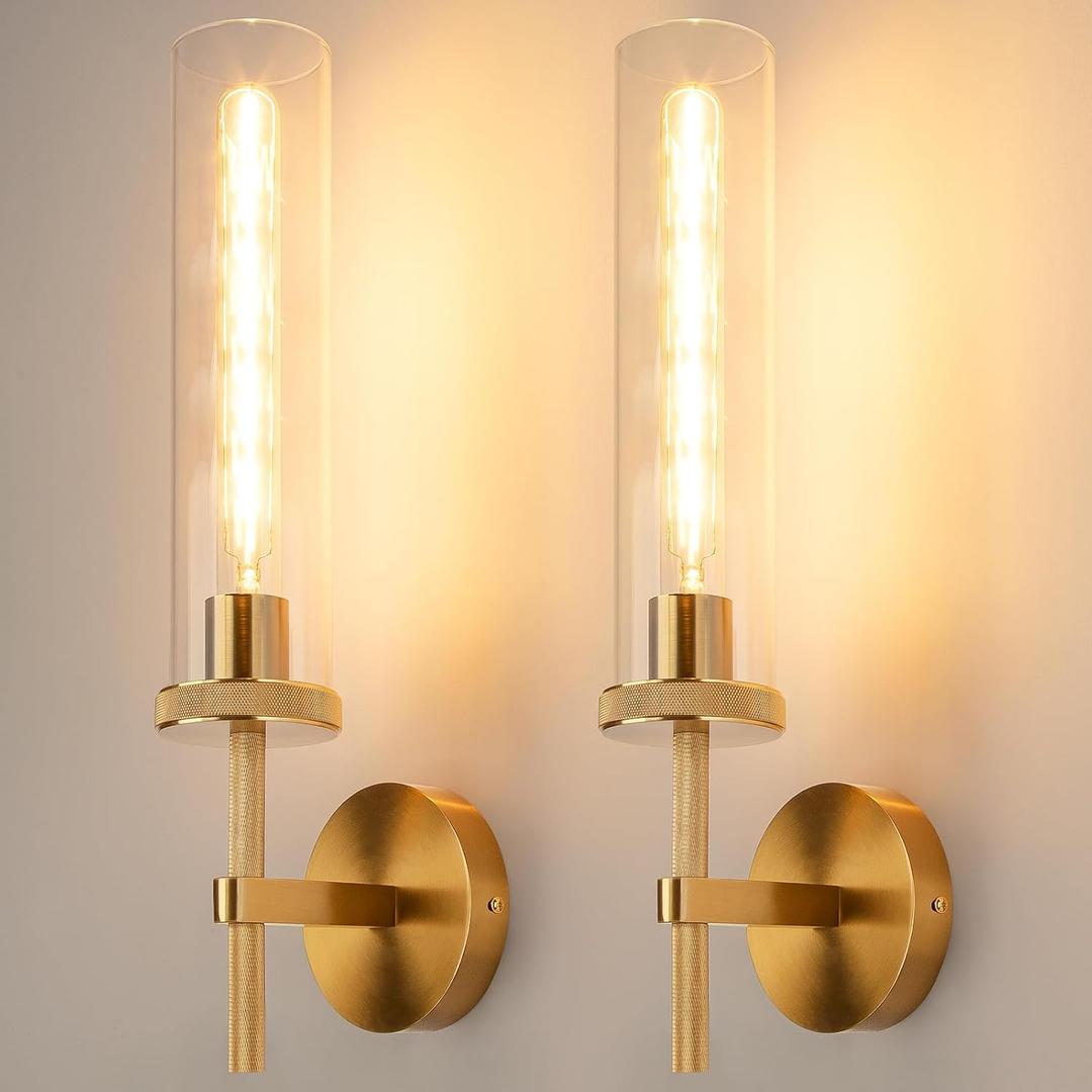 19.5" Knurled Gold Hardwired Wall Sconces Set of 2, Bathroom Vanity Light Fixtures with Clear Glass Tube, Modern Lamp Lighting for Bedroom, Living Room, Hallway, Staircase, Mirror, Kitchen