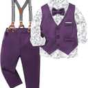 ZOEREA Toddler Boy Suit Formal Wedding Outfits Gentleman Clothes Long Sleeve Shirt + Suspender Pants + Bowtie (4-5T, Purple)