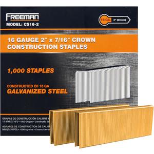Freeman 16-Gauge Medium Crown Construction Staples | 2" | Glue Collated | Galvanized Steel | 1000 Count | Indoor and Outdoor | Sheathing, Roof Decking, Subfloors and Heavy-Duty Stapling | CS16-2