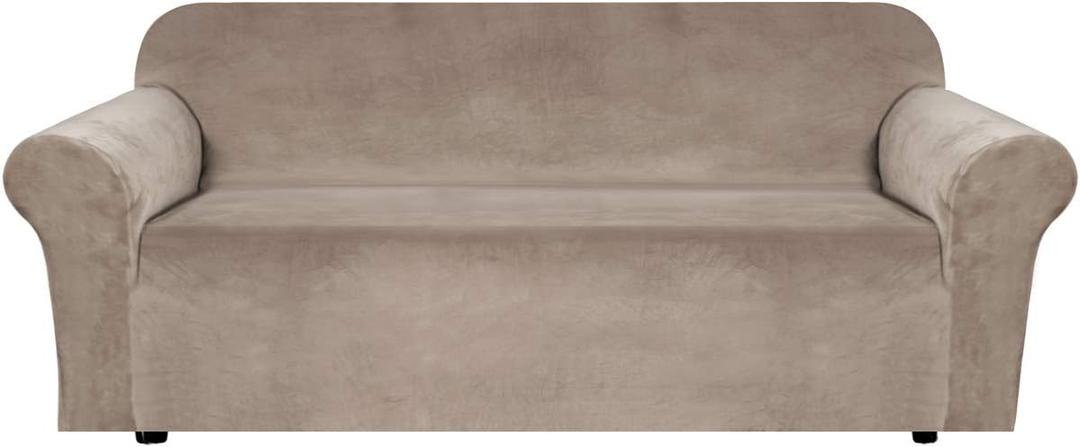 H.VERSAILTEX Stretch Velvet Sofa Covers for 3 Cushion Couch Covers Sofa Slipcovers Furniture Protector Soft with Non Slip Elastic Bottom, Crafted from Thick Comfy Rich Velour (Sofa 72"-90", Taupe)
