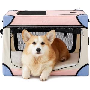 Lesure Soft Collapsible Dog Crate - 26 Inch Portable Travel Crate for Small Dogs Indoor & Outdoor, 4-Door Foldable Pet Kennel with Durable Mesh Windows, Pink