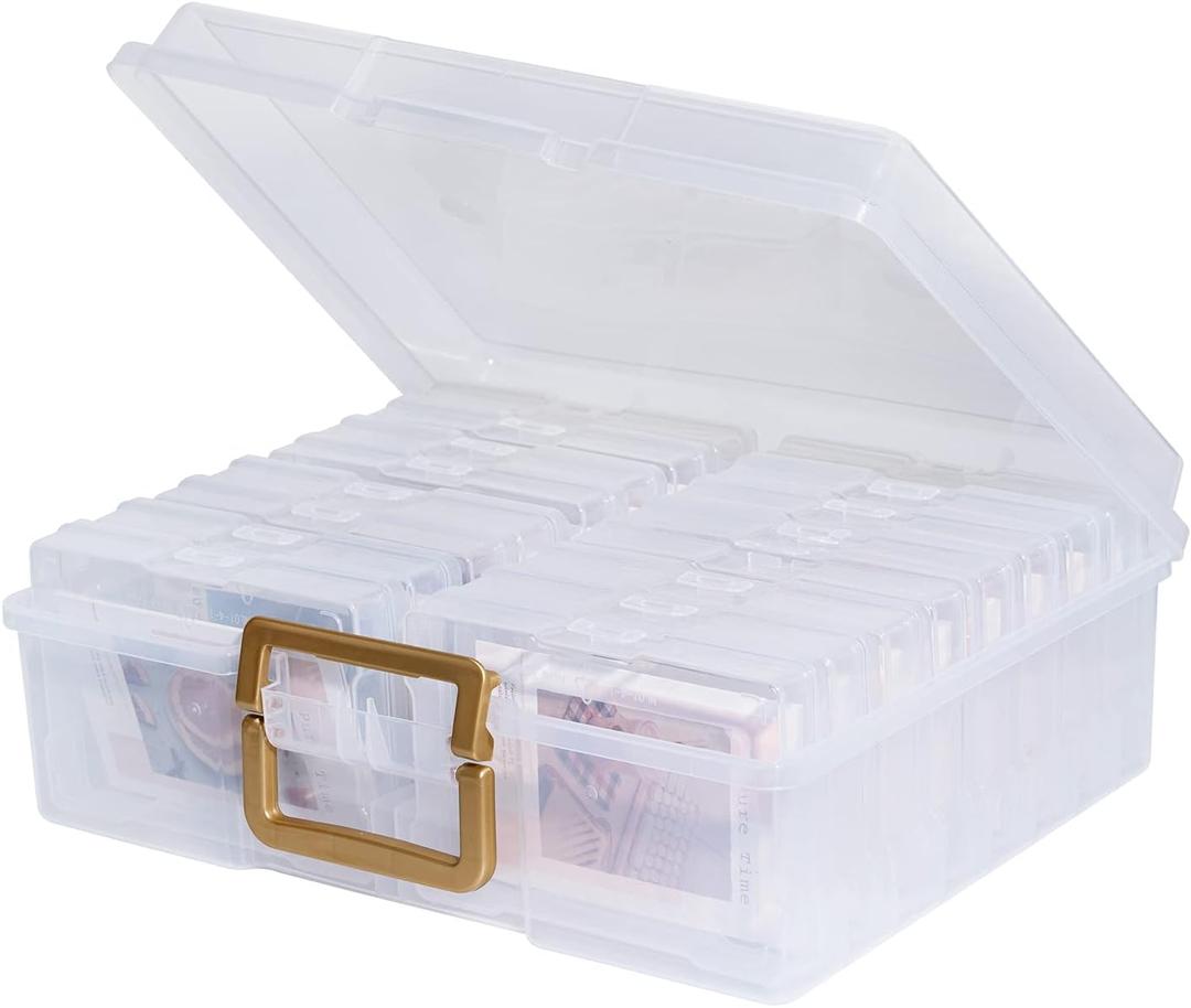 novelinks Transparent 4" x 6" Photo Organizers and Photo Storage Box with Handle, 16 Inner Photo Cases, Portable Picture Organizers & Photo Storage Containers (Clear-Gold Handle)