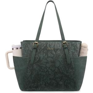 LOVEVOOK Laptop Tote Bag for Women With Large Cup Holder, Leather Work Tote Bag for Women,15.6 Inch Professional Computer Briefcase Business Teacher Commuter Shoulder Bag,Office Travel Gift (Green Embossed)