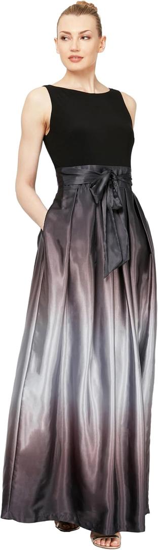 S.L. Fashions Women's Long Satin Mother of the Bride Dress with Pockets, Formal Party Gown, Black Silver, 16