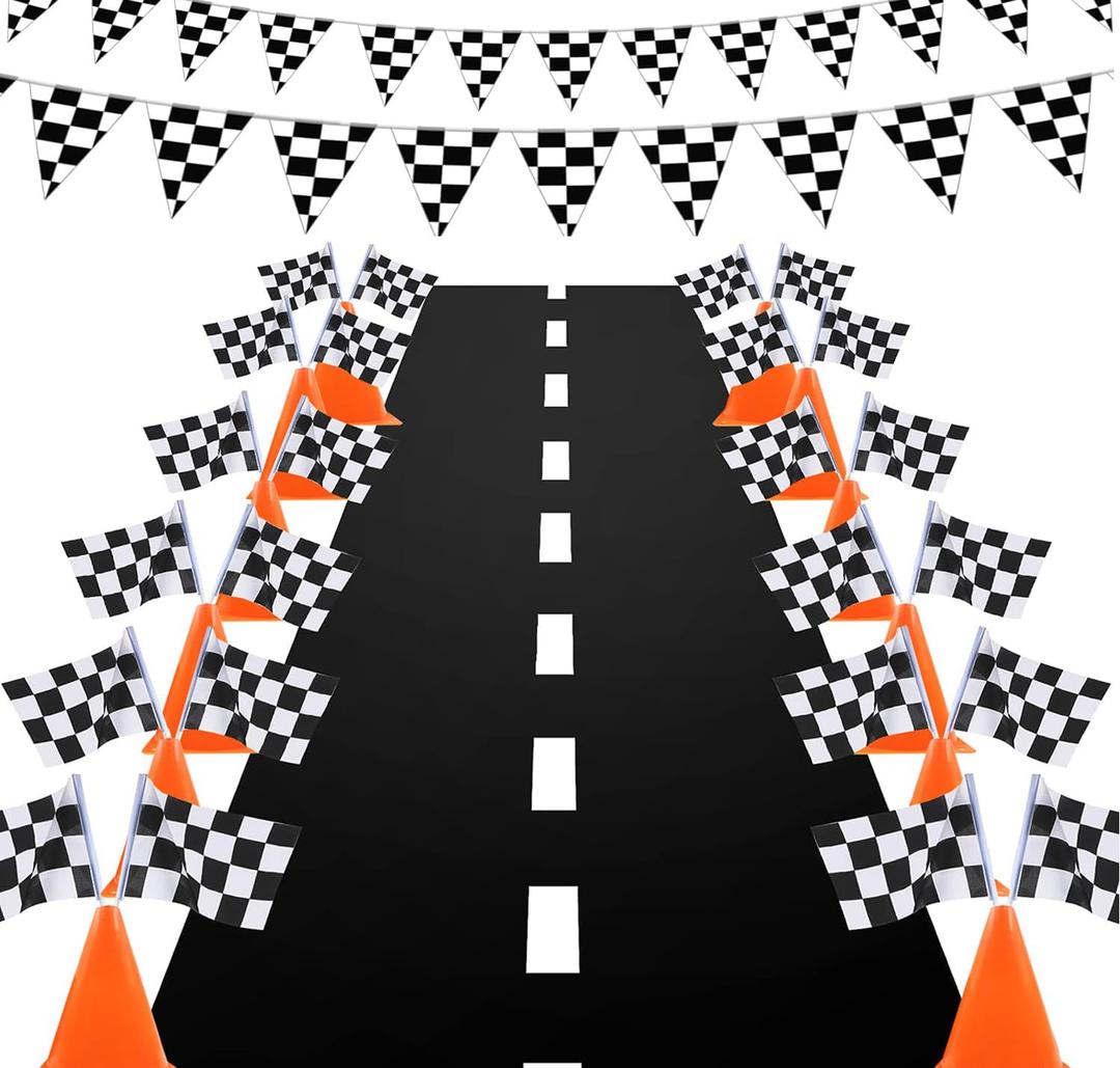 Race Car Birthday Decorations,Racecar Centerpiece Decoration,7in Orange Racing Cones(12),Checkered Flags (24), Racetrack Floor Runner,Checkered Banner,Car Theme Party Supplies(39PCS)