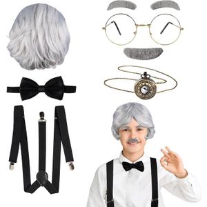 Fraiieon 1920s Old Man Costume Set for Kids 100th Day of School Grandpa Cosplay Accessories (Wig, Glasses, Bow Tie, Suspenders, Eyebrows & Mustache, Watch) (Gray)