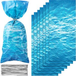 2 x Pajean 100 Pieces Ocean Waves Cellophane Treat Bags Under the Sea Blue Ocean Party Goodie Candy Bag with 100 Twist Ties for Beach Pool Birthday Summer Mermaid Party Decoration Baby Shower Supplies