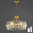 Gold Modern Round LED Crystal Chandelier - 17.7" Luxury 3 Colors Stepless Dimmable Chandeliers for Dining Room,Adjustable Height Ceiling Light Fixture for Kitchen Island Bathroom With Remote Control