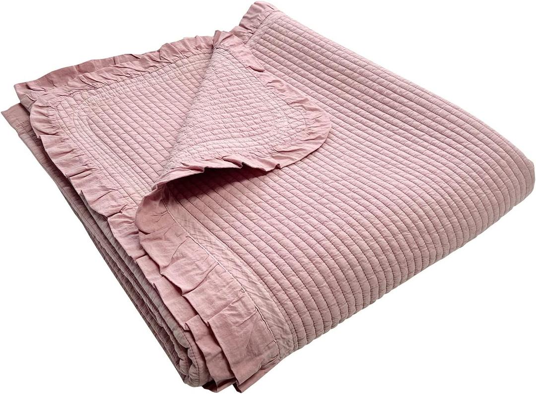 100% Cotton Frilled Bed Coverlet, Blanket  Twin Size Bed 63 x 83 - Pigment Washed Soft & Breathable Quilted Blankets for Bed and Couch  Lightweight Bed Coverlet for All Seasons (Indy Pink)