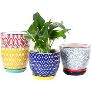 Selamica Ceramic Plant Pots, 5.6 Inch Flower Pots for Indoor Plants, Planters with Drainage Hole and Saucer, Garden Pots for Succulent, Orchid, Home Decor, Set of 4, Assorted Colors