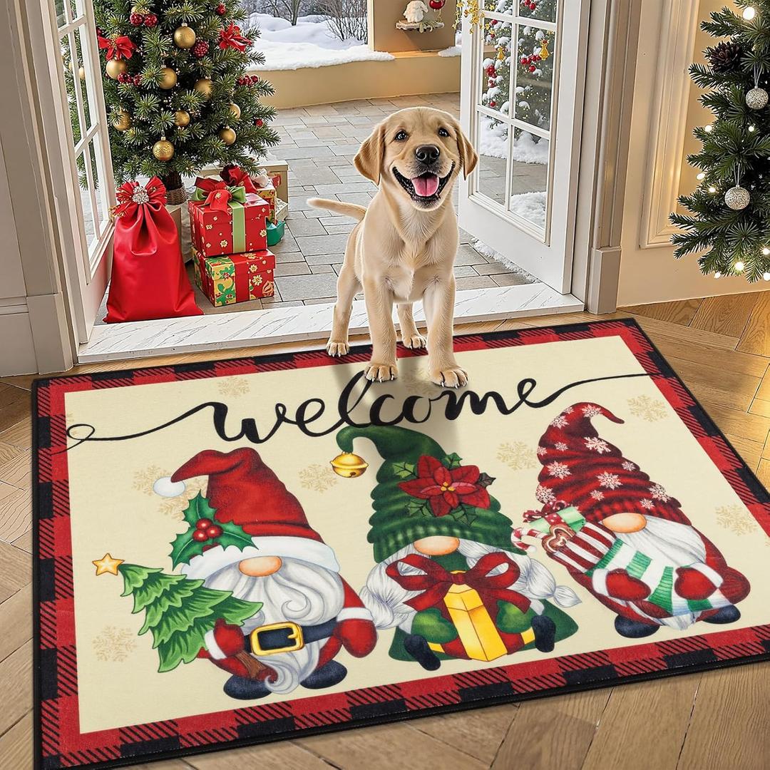 Ileading Christmas Door Mat 32"x48", Christmas Doormat Indoor Outdoor, Washable Non Slip Welcome Mats for Entrance, Buffalo Plaid Front Door Mats, Low Profile Floor Carpet for Xmas Holiday Decor (Gnomes/Beige)