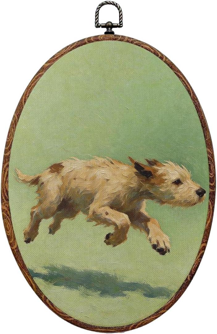 Vintage Dog Oval Framed Wall Art, Dog Lover Gifts Canvas Art Wall DecorCute Cottage Hanging Decor Painting Artwork for Home Bedroom Bathroom Hallway Living Room Office Decorations 8.3x12inch