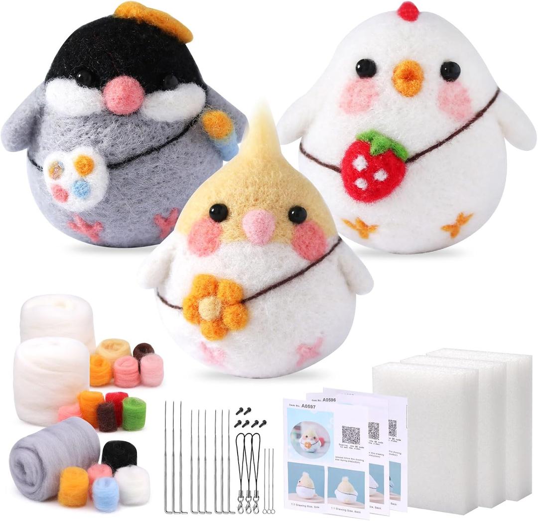 SOCNITC Felting Kits for Beginners, Animal Needle Felting Supplies Kits with Tools Foam Mat Felting Needles, Instructions, Wool Roving Doll Making Supplies for Beginners Adults (White+Light Yellow+Gray)