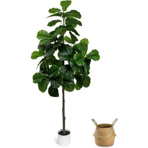 Artificial Fiddle Leaf Fig Tree 6FT - Large Fake Tree with White Planter&Basket, Tall Faux Ficus Lyrata Tree Floor Plants for Indoor Home Decor Office Living Room Housewarming Gift, 1Pack