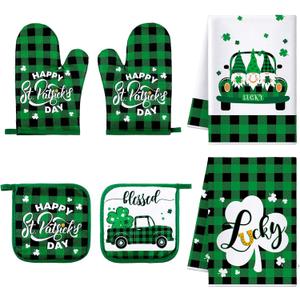 Bencailor 6 Pcs St. Patrick's Day Kitchen Decor Set Kitchen Towels Oven Mitts Pot Holder Irish Shamrocks Leprechauns Gnome Lucky Party Gifts Decorations for Home Housewarming (Green)
