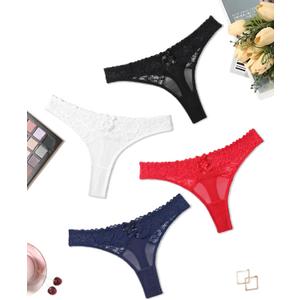 Avidlove Womens Underwear Sexy Bikini Panties Lace Thongs Low Waist Cheeky Lingerie Panties (Medium, 4packs:black/White/Red/Navy Blue)