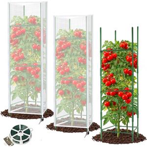 3 Set Square Tomato Cage with Plant Cover Net 47'' Tall Plant Support Structures for Vegetables Large Climbing Plants Trellis Stakes for Garden, Pots, Raised Garden Bed Outdoor Supplies
