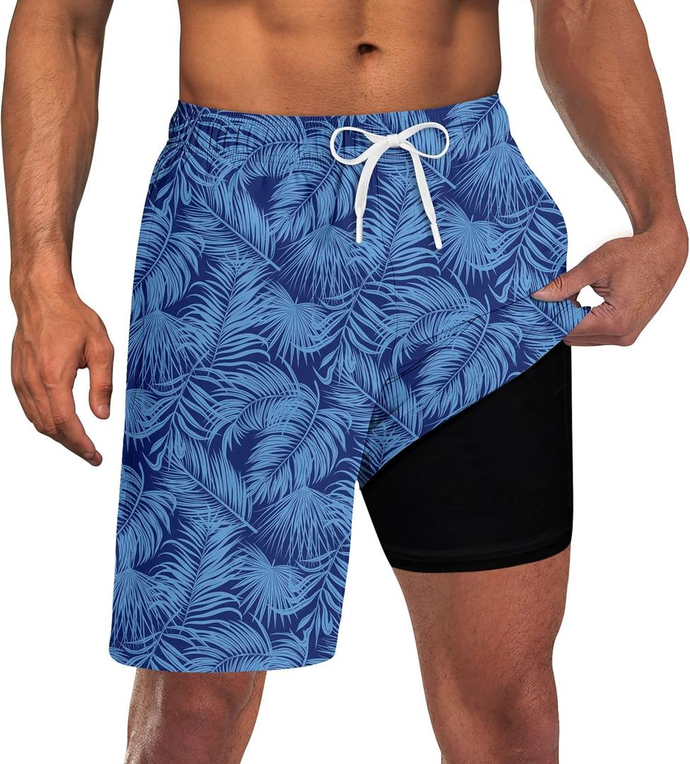 UNICOMIDEA Men Swim Trunks with Compression Liner 9 Inch Long Board Shorts (Blue, XXXL)