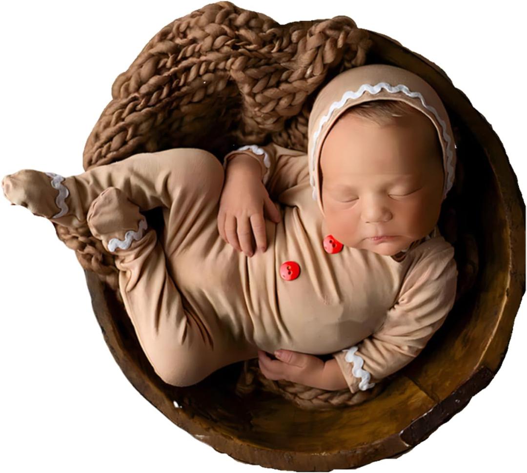 Newborn Baby Christmas Photo Props Outfit Infant Boy Girl Photoshoot Costume Red Stripe Jumpsuit With Xmas Hat (Khaki)