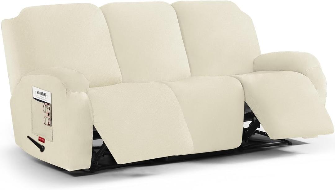 Stretch Recliner Sofa Cover - 5 Pieces Plush Fabric Slipcovers & Durable Furniture Protector for Reclining Couch, Ideal for Kids and Pets (3 Seater, Light Yellow)