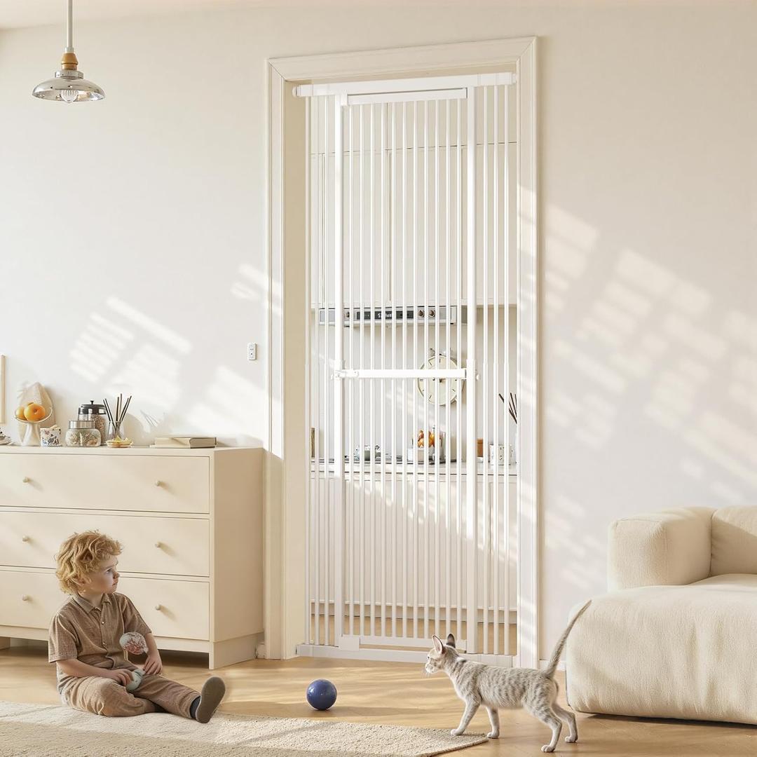 Gardner Pet 51"-87" Extra Tall Cat Gate for Doorway, Wide Adjustable 27.56"-37" Baby Gate Included 4 Extension Kits, Pressure Mounted Safety Full Door Gate for Stairs, Studio, Kitchen (White)