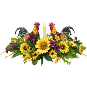 Svndlyn Rooster Kitchen Decor Centerpiece with Flameless Candle Rustic Farmhouse Artificial Sunflower Floral Arrangement for Dining Table, French Country Home Decoration
