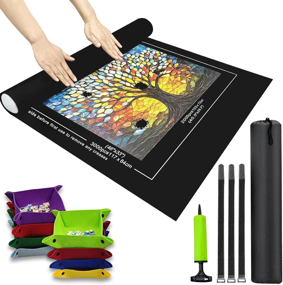 Napzy Puzzle Mat-Jigsaw Puzzles Matt Roll Up to 3000pcs Roll-up Puzzled Board Puzzling Organizers and Storage with 8PCS Jigsaws Sorting Trays, Drawstring Storages Bag Jigsawn Keeper Saver (Blacks, 500-3000pcs)