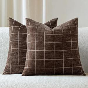 Decorative Chenille Plaid Throw Pillow Covers 20x20 Inch Set of 2 Vintage Check Couch Pillows Neutral Boho Farmhouse Cushion Covers Modern Home Decor for Sofa Bed Living Room Brown