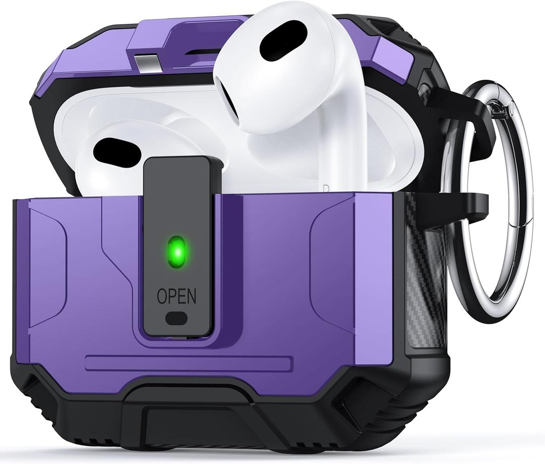 for AirPods 3 Case Cover [Safety Lock] [Magnetic One-Click Open] [Military Shockproof Armor] Double Rugged Outdoor Wireless Charging Case for AirPods 3rd Generation with Keychain, Purple