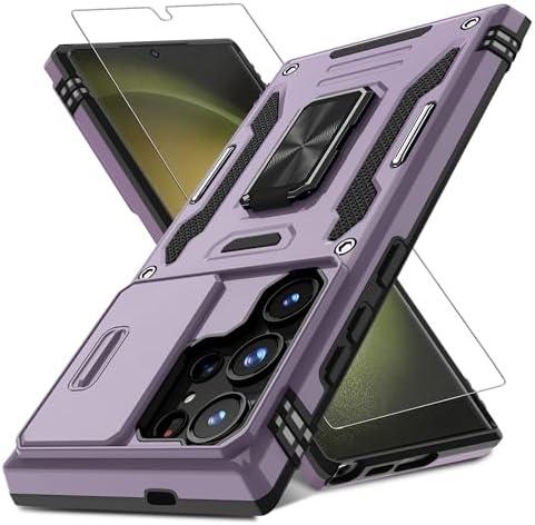 DEERLAMN Case for Samsung Galaxy S24 Ultra with Slide Camera Cover+Screen Protector (1 Pack), Rotated Ring Kickstand Military Grade Shockproof Protective Cover-Deep Purple