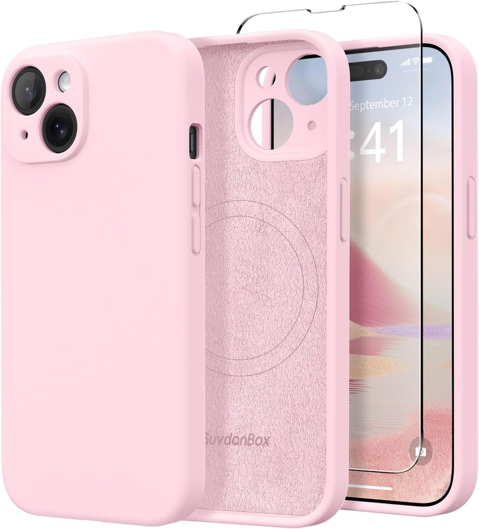 Magnetic for iPhone 13 Case, Compatible with MagSafe, [Full Camera Protection][Screen Protector] Silicone Shockproof Protective Phone Case for iPhone 13 6.1", Chalk Pink