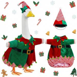 Christmas Elf Porch Goose Outfits Red Green Costume for 23" Cement Statue Winter Clothes outdoor Lawn Garden Decoration