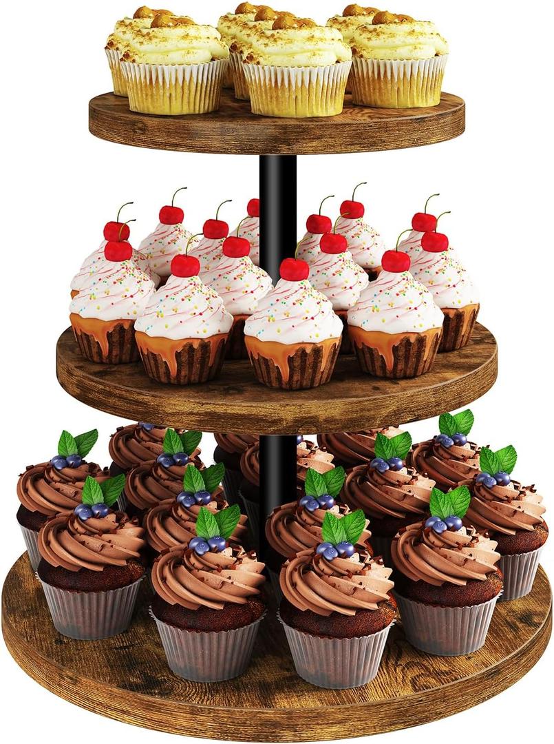 IBUYKE 3 Tier Cupcake Stand,Wood Durable Cupcake Tower,Round Serving Display Stand,Dessert Table Display Tree Tower for Birthday,Home Party, Wedding, Baby Shower,Rustic Brown UTLJ017H